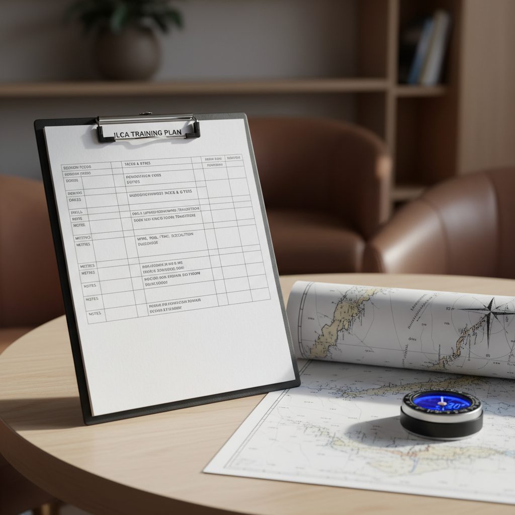 A neatly arranged ILCA training plan printed on crisp white paper clipped to a slim black clipboard, resting on a light wooden yacht club table beside a finely detailed nautical chart and a compact digital compass. Key performance metrics and session notes are subtly legible in the plan’s layout without distracting from the overall composition. Soft indoor daylight filters through an unseen window, creating gentle, directional light that highlights the paper’s texture and clean typography. Photographic realism with a medium depth of field keeps the documents and instruments sharp while the background dissolves into a soft blur of neutral club interior tones. The atmosphere is professional, methodical, and performance-focused, ideal for showcasing personalized coaching programs.
